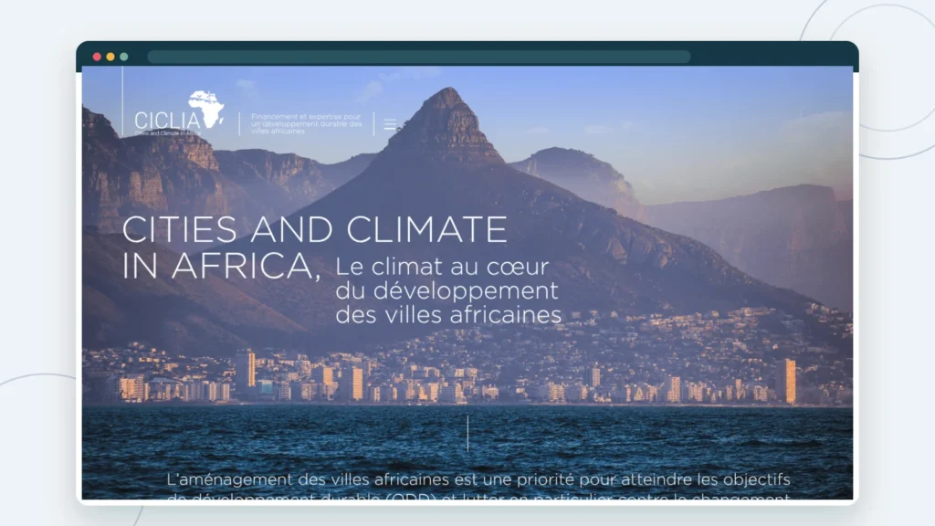 Écran d’ouverture de l’expérience CICLIA sur le développement climatique des villes africaines.
