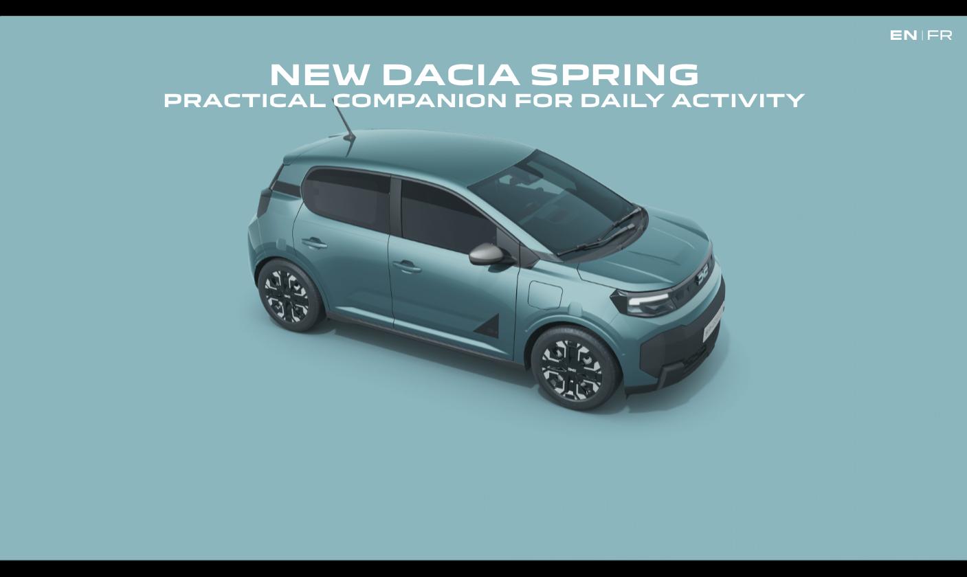 Écran d’accueil — présentation de la nouvelle Dacia Spring Electric (version anglaise).