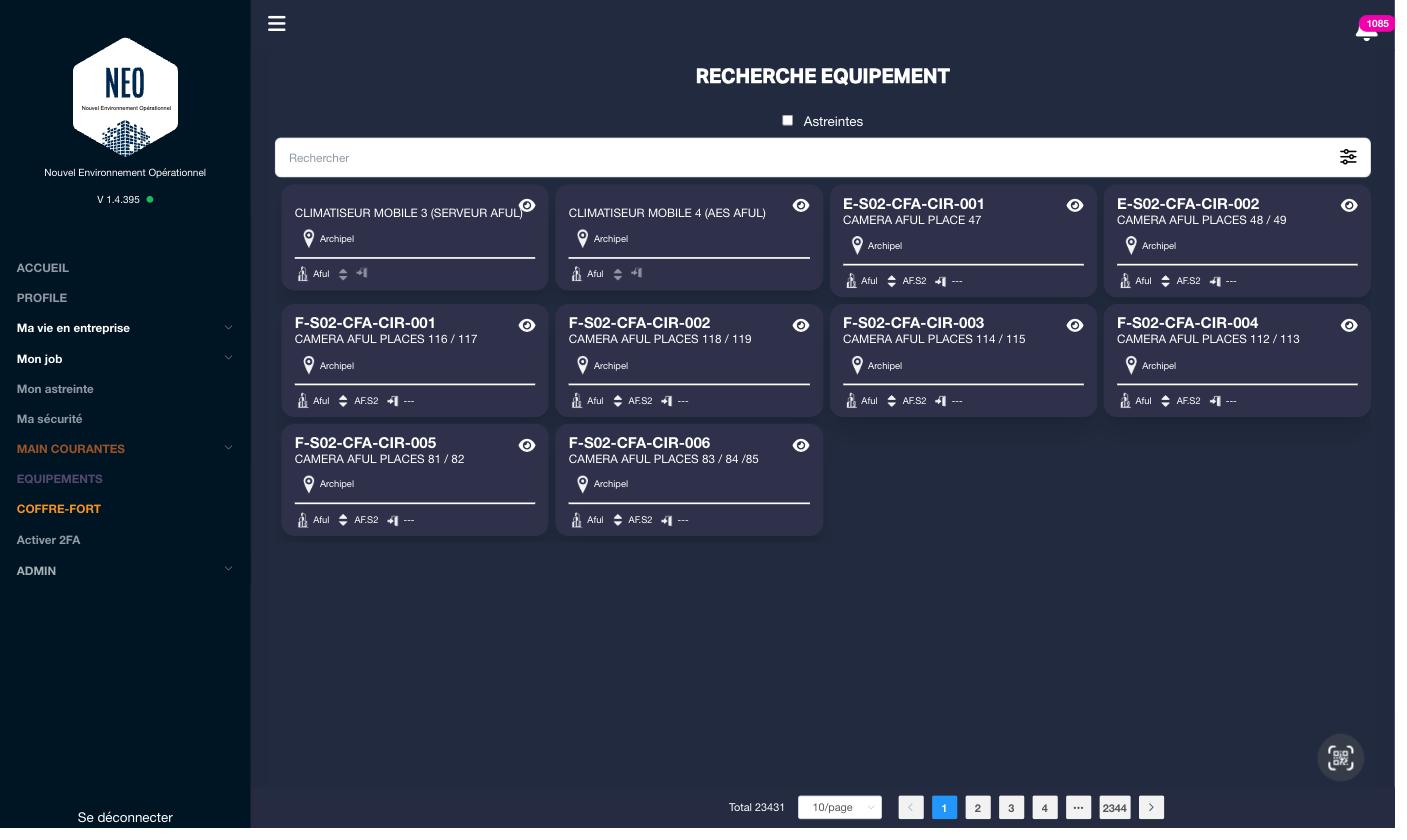 Recherche d'équipement : plusieurs milliers d'équipements techniques référencés, filtrables par site et par type.