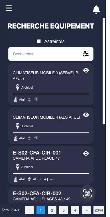 Recherche d'équipement sur mobile : la même base d'équipements, adaptée aux interventions terrain.