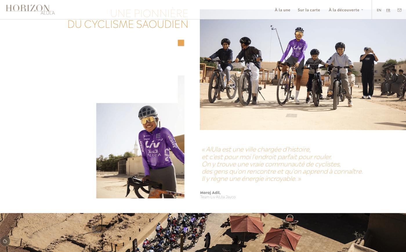 Portrait et citation de Moroj Adil, première cycliste professionnelle saoudienne, intégrés au récit.